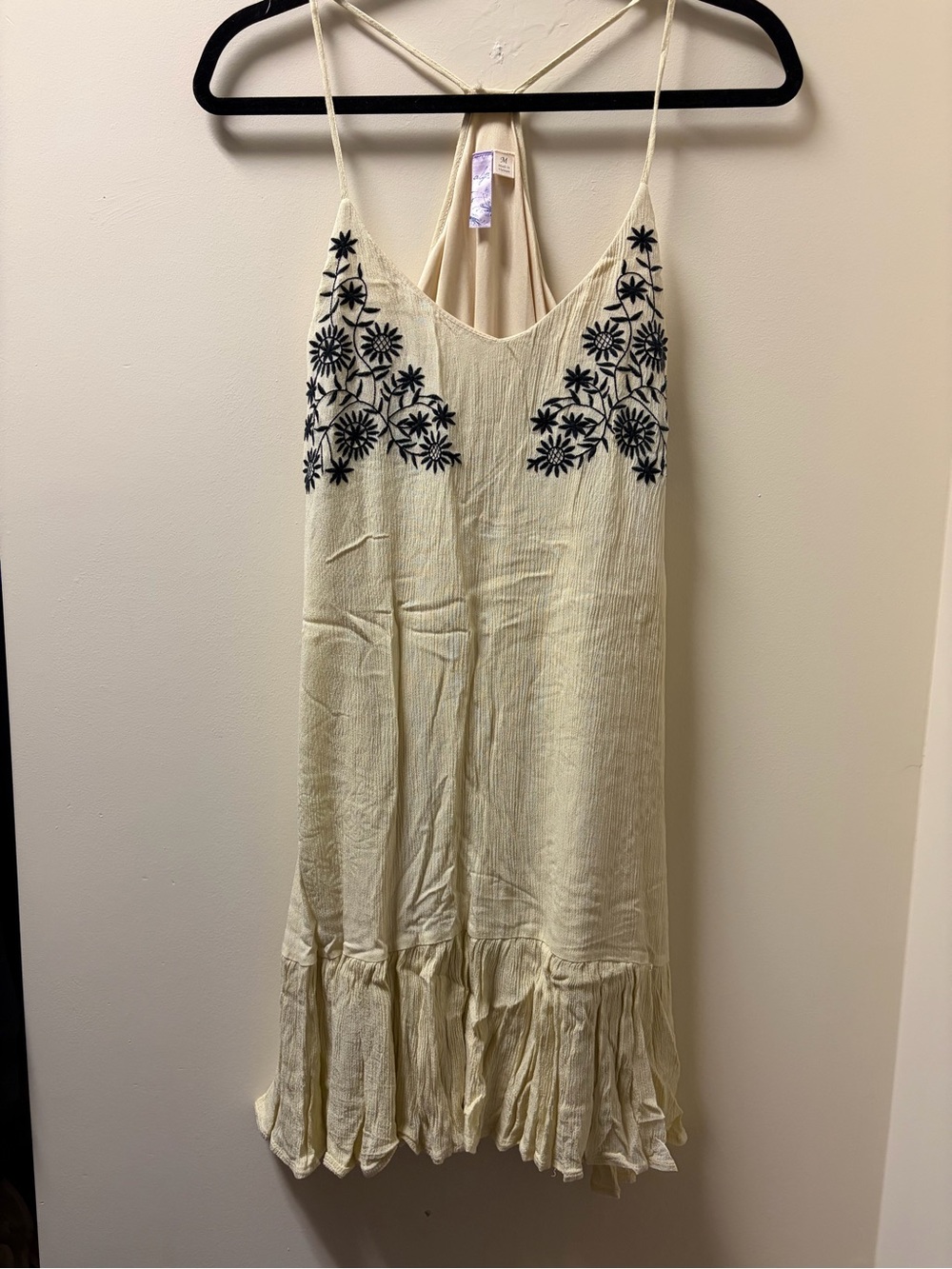 Alya Tank Cream Dress Womens M Black Floral Embroidered Boho Resortwear